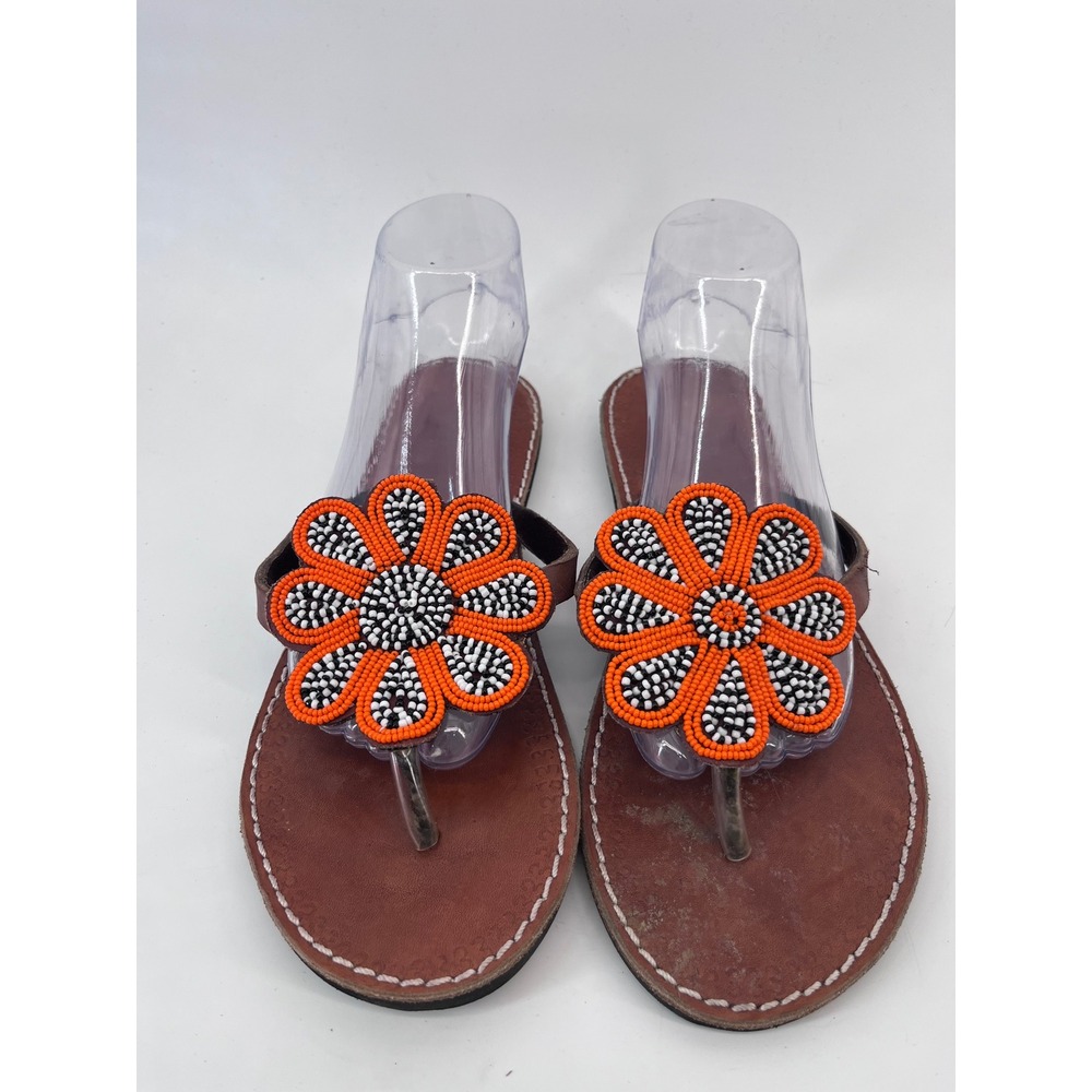Handmade Beaded Flower Leather Flip Flop Sandals Brown Orange Black Women Size 8